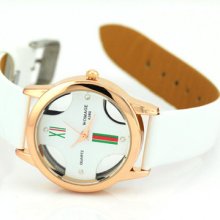 Women's Fashion Watch White Faux Leather Rose Gold Decretion Face Analog Watch