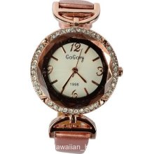 Women's Retro Vintage Rhinestone Rose Gold Analog Watch Metallic Pink