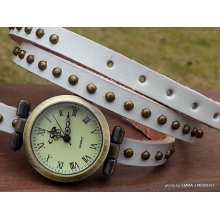 Womens Wrap Watch -- Leather Wrap Watch -- White Studded