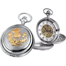 Woodford Skeleton Pocket Watch, 1907/Sk, Men's Chrome-Finished Gilt Scottish Thistle Pattern With Chain (Suitable For Engraving)