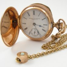 Working Swiss Mermod Jaccard GF Ladies Hunter Pocket Watch w/ Opal Slide Chain