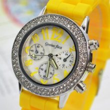 Yellow Digital Rhinestones Stainless Steel Case Men Women Wrist Wacth