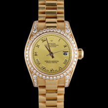 Yellow gold rolex datejust watch womens president style roman dial