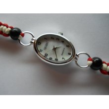 1- Hand Knotted Watch Bracelet With Sterling Silver Oval Shape Watch