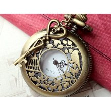 1 Piece of 45 mm Antiqued Bronze Bird And Cage Round Pocket Quartz Watch With Key Charm Necklace (L1)(tn)