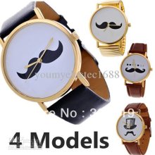 100pcs Lot Beard Mustache Watch Pu Strap Watch Unisex Quartz Fashion