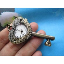 1pc antiqued bronze key pocket watch clock charms--moving--battery included(no chains)