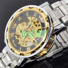 1pcs Gold Stainless Steel Mens Luxury Watch Hollow Frame Mechanical