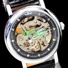 1pcs Leather Womens Watch With Gold Skeleton Mechanical Automatic Wi