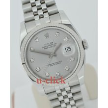 2009 36mm Rolex Datejust Silvr Diamond Dial 18k Wg Bezel Stainless Steel 116234