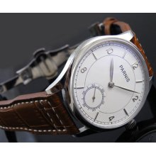 44mm Parnis White Silver Hands Dial Manual Wind 6498 Deployment Buckle Watch 012