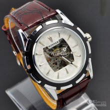 5pcs New Automatic Men's Fashion Leather Band Watch,men Brand Winner