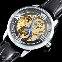 5pcs Skeleton Design Golden Dial Mechanical Watch Men Luxury Leather