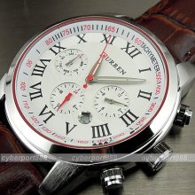 6 Dial Clock Day Hours Hand Date Water Brown Leather Men Wrist Watch Wg131