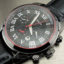 6 Dial Clock Day Hours Hand Date Water Black Leather Men Wrist Watch Wv121