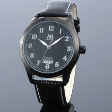 Ak-homme Black Dial Black Leather Mens Calendar Mechanical Wrist Watch Ak175