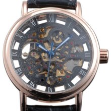 Ak-homme Blue Hands Rose Golden Black Skeleton Dial Mens Mechanical Wrist Watch