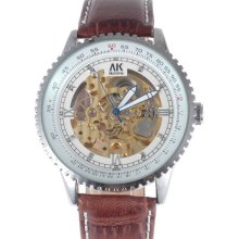 â˜… Ak-homme â˜… Mens Brown Leather Skeleton Automatic Mechanical Wrist Watch Ak261