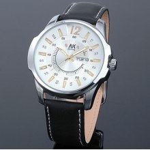 Ak-homme Mens Silver Dial Black Leather Calendar Quartz Wrist Watch Ak240