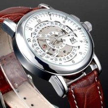 Ak-homme White Black Dial Brown Strap Mens Automatic Wrist Watch + Box