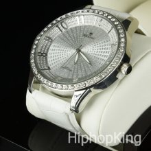 All Ceramic White Clear Stones Bling Big Round Face Hip Hop Watch Water Proof