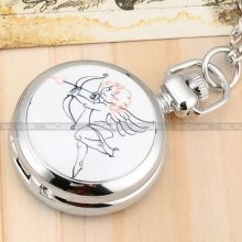 Angel Cupid Pattern Pendant Pocket Silver Case Lady Girl Necklace Quartz Watch