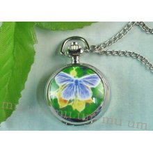 Antique Pocket Watch Butterfly Leaf Necklace Pendant Chain Green Wp187