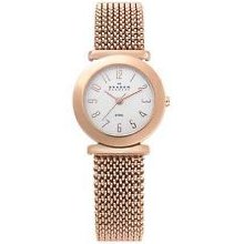 Authentic Skagen Women's Watch 107srr1 White Dial Rose Gold Tone Wristband