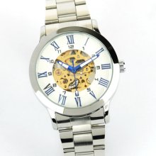 Auto Mechanical White Skeleton Dial Silver Stainless Steel Men Lady Sports Watch