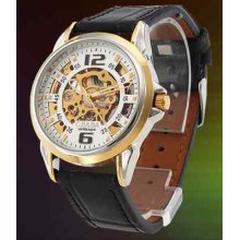 Automatic Black Leather Men Wrist Watch White & Gold Tone