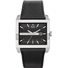 AX Armani Exchange Rectangular Leather Strap Watch, 43mm x 36mm Black/ Silver