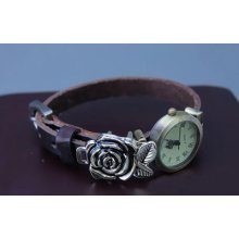 Beautiful Women Girl Lady Classical Rose Flowers Leather Bracelet Wristwatch