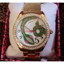 Betsey Johnson Green Python Jeweled Watch Bj00048-29 Gold Stainless Strap