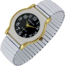 Big Number Black Face White Bezel & Stretch Band Bracelet Watch Gold