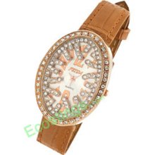 Bird's Nest Shaped Khaki Leather Rhinestone Lady's Wristwatch