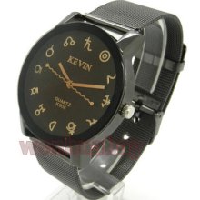 Black Cool Metal Iron Net Mesh Band Quartz Wrist Watch Unisex Boy Mens Q1204