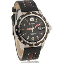 Black Curren Round Dial Analog Watch With Faux Leather Strap & Data Display