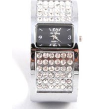 Black Face Clear Crystal Pave Wide Silver Cuff Watch