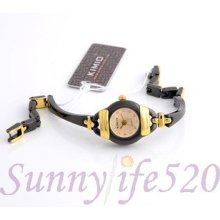 Black Gold Plate Round Rhinestone Women Lady Bracelet Quartz Luxury Bangle Watch