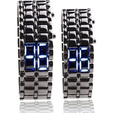 Black Metal Strip Digital Style Lava Iron Sport Couple Blue LED Faceless Wrist Watch