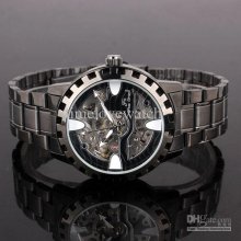 Black Paint Bracelet Gear Mech Black Face Mens Mechanical Watch Wate