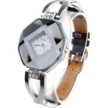 Black PU Leather Band Women's Quartz Wrist Watch with Crystal Decorat