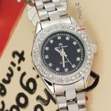 Black Small Dial Crystals Bezel Slim S-steel Womens Quartz Wrist Watch Gift