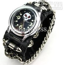 Brand New 1pcs Punk Black Leather Ring Bracelet Bullet Belt Watch Qu