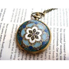 Brass Cloisonne Lid Round Necklace Quartz Pocket Watch