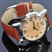 Brown Mens Dad Analog Wrist Leather Bracelet Quartz Gift Battery Watch L10