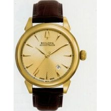 Bulova Accutron Men`s Gemini Automatic Gold Dial Watch W/ Leather Strap