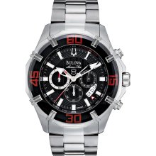 Bulova Mens Solano Marine Star Chronograph Stainless Watch - Silver Bracelet - Black Dial - 96B154