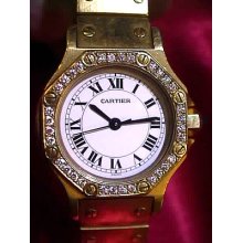 Cartier Santos Woman's 18 Karat All Gold Automatic Swiss Wrist Watch W Diamonds