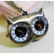 Cartoon Double Machine Owl Pocket Watch Necklace ,quartz Watch,sweat